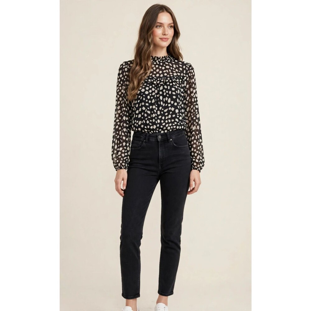 LOFT Black White Spot Print Sheer Ruffle Blouse Mock Neck Long Sleeve S FLAW